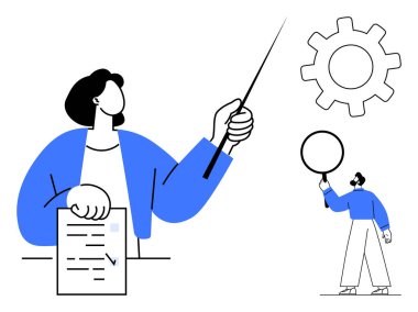 Elindeki belge, soyut kavramlarla ilgilenen başka bir bireyin eşliğinde bir işaretçiyle açıklıyor. Planlama, takım çalışması, strateji, eğitim, liderlik, organizasyon, basit