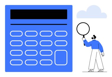 Bulutun altında büyüteç tutan birinin yanında büyük boy mavi hesap makinesi. Finansal analiz, eğitim, muhasebe, hesaplama, problem çözme, araştırma, basit iniş sayfası için ideal