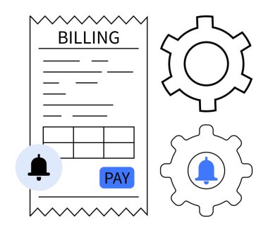 Fatura makbuzu ödeme düğmesi, uyarı zili ve otomasyonu temsil eden vitesler. Çevrimiçi ödeme, fatura izleme, sistem kurulumu, bildirimler, zaman yönetimi, süreç için ideal