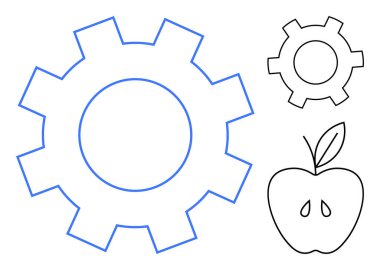Büyük bir dişli, küçük bir dişli ve bir elma. Yenilik, mekanik, makine, üretkenlik, mühendislik, tarım ve basit bir iniş sayfası için ideal