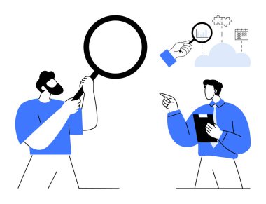 Veri noktalarını büyüteç ve panoyla inceleyen iki kişi. Ek görüntüler bulut veri analizi ve akışını gösteriyor. Araştırma, takım çalışması, analiz ve beyin fırtınası için ideal.