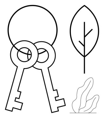 Birbirine kenetlenmiş anahtarlar, basit bir yaprak ve asgari bir bitki soyut ve modern bir kompozisyon oluşturur. Sürdürülebilirlik, büyüme, doğa, güvenlik, ekoloji yeniliği ve basit bir iniş sayfası için ideal