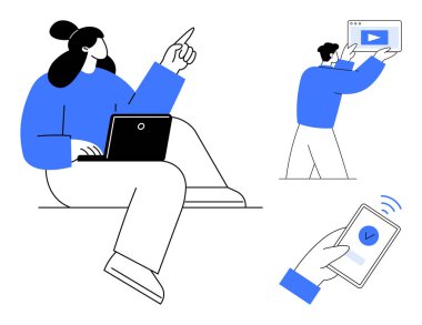 Çalışmak ya da çalışmak için dizüstü bilgisayar kullanan biri, video oynatıcısı olan bir tablet ve akıllı telefondan doğrulama yapan bir el. Teknoloji, eğitim, uzaktan çalışma, çevrimiçi araçlar, uygulamalar ve yayın için ideal