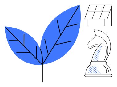 Doğayı sembolize eden mavi yaprak yenilenebilir enerji için güneş paneli strateji için satranç şövalyesi. Sürdürülebilirlik, yenilik, yeşil enerji, strateji, çevre planlama eko-ticaret için idealdir. Düz