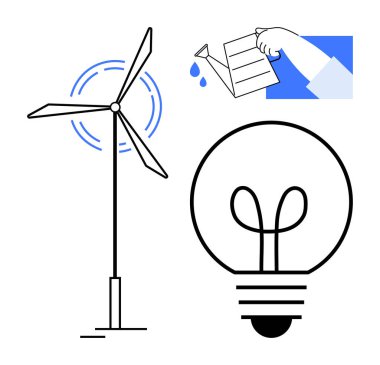 Rüzgâr türbini enerji üretiyor, sulama tenekesiyle el bitkileri besliyor, ampul fikirleri temsil ediyor. Sürdürülebilirlik, yenilenebilir enerji, büyüme, yenilik, ekoloji, yeşil çözümler için ideal