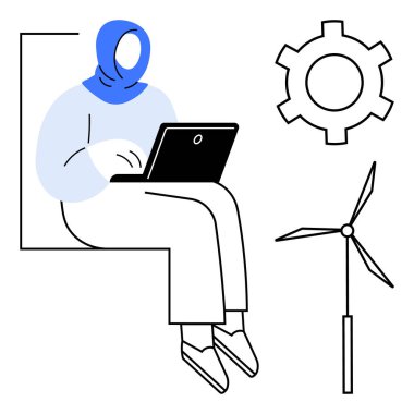 Kadın bir dizüstü bilgisayar, bir vites ve rüzgar türbininin yanında oturuyor. Çalışmayı, yeniliği ve yenilenebilir enerjiyi temsil ediyor. Teknoloji, sürdürülebilirlik, kariyer büyümesi, uzaktan çalışan temiz enerji için ideal