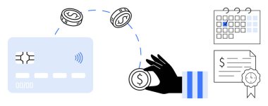 Temassız ödemeli kredi kartı, bozuk paralar, seçilmiş tarihli takvim ve finansal belge. Finans, bütçe, işlemler, nakit ödemesiz tasarruf yatırımları için idealdir. Düz