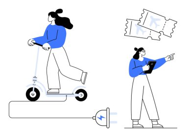 Kadın elektrikli scooter kullanıyor, elektrik kablosuna bağlı, diğeri de tabletli uçuş biletleriyle. Seyahat için ideal, çevre dostu ulaşım, sürdürülebilir yaşam, macera, planlama, teknoloji