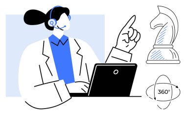 Kulaklık takan profesyonel bir kadın dizüstü bilgisayarında stratejik kararlar veriyor. Satranç şövalyesi stratejiyi sembolize eder. 360 derecelik bir ikon kapsamlı analizi ön plana çıkarır. Teknoloji ve yenilik için ideal