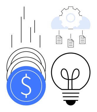 Düşen mavi paraların yanında ampul, bulutlarla birleşen dişliler ve belge simgeleri. Fikirler, finans, teknoloji, yenilik, bulut hesaplama stratejisi dijital dönüşümü için idealdir. Düz basit