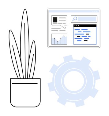 Analiz, çark ve saksı bitkilerinin büyüme, üretkenlik, veri ve yenilikleri aktarma arayüzü. Teknoloji, iş ve iş akışı stratejisi için ideal. Analizler basit iniş.