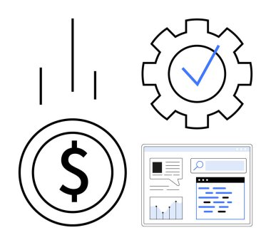 Grafik çubukları, dolar işareti, kontrol ekipmanları, analiz paneli. Finans, analitik, otomasyon, teknoloji, iş büyüme optimizasyonu ve basit iniş sayfası için ideal