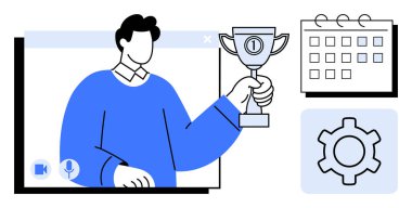 Elinde kupa tutan kişi, takvimi simgeleyen takvim, verimlilik araçlarını temsil eden dişli. Başarı için ideal, uzak çalışma, hedef belirleme, takım işbirliği, başarı, çevrimiçi toplantılar basit