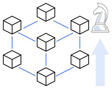 Altı birbirine bağlı küp, büyümek için yukarı doğru ok ve stratejiyi sembolize eden bir şövalye satranç taşıyla bir blok ağı temsil ediyor. Yenilik, teknoloji, strateji, takım çalışması, büyüme için ideal