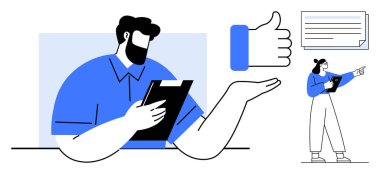 Erkek panoyu gözden geçirir, büyük onaylar onaylanır, kadın rapora puan verir. Takım çalışması, geri bildirim, iletişim, liderlik, üretkenlik, sunumlar için ideal basit bir iniş sayfası