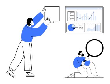 Yapboz parçalarını birleştiren kişi, veri tablolarının yanında büyüteçle inceleme yapan başka bir kişi. Analiz için ideal, problem çözme, takım çalışması, yaratıcılık, strateji, araştırma, basit iniş