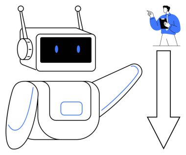 Robot kolunu aşağıya doğru uzatıyor ve bir iş adamıyla eşleşiyor. Yönlendirme, takım çalışması ve problem çözme konularını vurguluyor. Teknoloji, yapay zeka, rehberlik, liderlik, işbirliği yeniliği için ideal