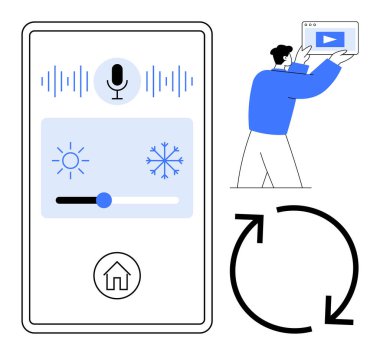 Mikrofon simgesi, parlaklık ve sıcaklık kontrolü ile akıllı ev arayüzü, kullanıcı tabletle etkileşimi. Teknoloji için ideal, akıllı aygıtlar, IoT, otomasyon, kullanıcı deneyimi, yenilik basit
