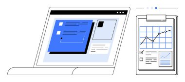 Yükselen grafik ve kontrol listesi olan bir panelin yanında bir veri göstergesi olan bir dizüstü bilgisayar aç. Analiz, üretkenlik, performans takibi, strateji planlaması, iş büyümesi için ideal