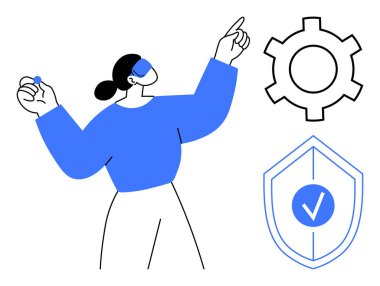 Güvenlik, güven ve kişiselleştirmeyi temsil eden, işaretli bir kalkanı ve teçhizatı gösteren bir kadın. Teknoloji, güvenlik yönetimi, sistem optimizasyonu, kullanıcı güveni, dijital araçlar için ideal modern