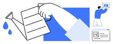 Büyüme için elle sulandırma belgesi, görsel medya ve sunumu olan kişi. Yaratıcılık, geliştirme, takım çalışması, eğitim, iş stratejisi, içerik oluşturma için ideal basit iniş sayfası