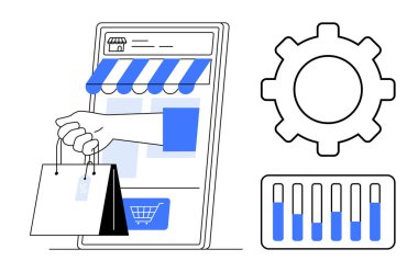Telefon ekranı, mağaza arayüzü, alışveriş torbaları, teçhizat ve veri grafiği. Çevrimiçi perakende, mobil ticaret, dijital alışveriş eğilimleri, pazarlama, analitik optimizasyonu için ideal basit