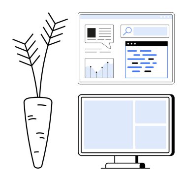 Havuç çizimi, ekranlardaki veri göstergelerinin yanında büyüme, üretkenlik ve analizi temsil ediyor. Tarım, teknoloji, sürdürülebilirlik, veri içgörüsü, araştırma, yenilik için ideal