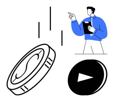 Pano işaretli bir adam, dolar işaretli bir bozuk para, büyüme çubukları, ve oyun düğmesi. İş, finans, yatırım, liderlik stratejisi ekonomi rehberliği için idealdir. Düz basit metafor