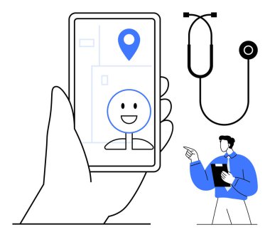 Akıllı telefon konum belirleyici, kullanıcı avatarı, steteskop ve doktor panosunu gösteriyor. Sağlık, tele sağlık, sanal danışma, uzaktan izleme, tıbbi yardım için ideal