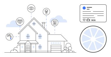 Modern ev, güvenlik, ışıklandırma, aletler, enerji ve su yönetimi için akıllı cihazlara bağlı. Teknoloji, ev otomasyonu, IOT eğitimi, eko-çözümler güvenlik sosyal etkileşimi için ideal