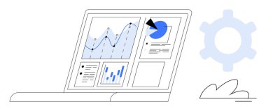 Bilgisayarda veri tabloları, grafikler, pasta grafikleri ve raporlar var. Çark ve bulut sembolik ayarlar ve dijital depolama. Analiz, iş, strateji, teknoloji optimizasyonu için ideal