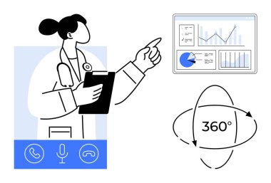 Ekrandaki istatistikleri analiz eden, pano tutan, etkileşimli 360 görsel, telekomünikasyon ikonları olan bir doktor. Sağlık, teknoloji, teletıp, analitik, uzaktan kumandalı VR sade iniş için ideal