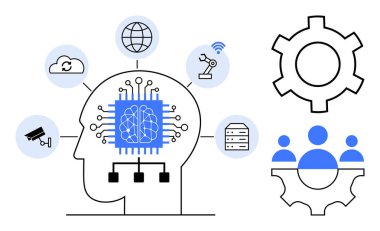 Devre bağlantıları olan beyin, bulut ağı, robot kol, gözetleme, veritabanı, takım çalışması simgeleri. Yapay zeka, otomasyon, veri sistemleri, gelecekteki teknoloji öğrenme makinesi için ideal basit takım çalışması