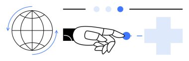 Robot el, küreye ve sağlık sembolüne işaret ederek, yenilikleri, küresel etkileşimi ve teknolojiyi vurguluyor. Dijital sağlık, yapay zeka, robotik, küresel ağ, tıbbi teknoloji eğilimleri için ideal