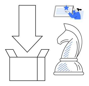 Satranç şövalyesi stratejiyi sembolize ediyor, ok teslimat ya da lojistik için kutuyu işaret ediyor, dijital tablette onay için yıldız. Strateji, lojistik, tanınma, karar verme ve liderlik için ideal