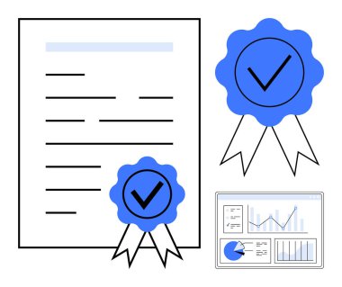 Performans ölçümleri için analitik gösterge panelinin yanı sıra başarıyı sembolize eden resmi belge ve rozetler. Başarı, tanınma, sertifika, analitik, eğitim, kalite, basit