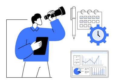 İşadamı tahminler için bir teleskop ve tablet kullanıyor. Çizelgeler, kontrol listeleri, saat, takip süreci. Planlama, üretkenlik, iş stratejisi, zaman yönetimi hedefi belirlemek için ideal