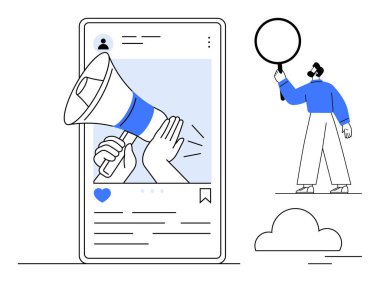 Kullanıcı akıllı telefon ekranının yanında megafon ve sosyal medya arayüzü olan bir tabela tutuyor. Pazarlama, sosyal yardım, içerik tanıtımı, iletişim, markalaşma, ağ ve basit bir iniş için ideal