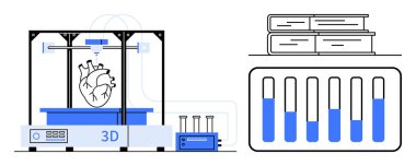 3D yazıcı kalp modeli, laboratuvar çalışmalarını sembolize eden test tüpleri, bilgi için kitap yığınları. Teknoloji, yenilik, araştırma, eğitim, tıp, sağlık hizmetleri için ideal basit iniş sayfası