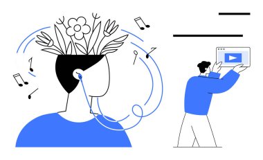 Üzerinde çiçekler ve müzik notaları olan soyut profil yaratıcılığı temsil ediyor, yanında da bir medya oynatıcısı tutuyor. Yaratıcılık, farkındalık, rahatlama, eğitim, medya, ilham, basit