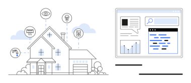 Masaüstü ekranında birbirine bağlı aygıtlar ve analizlerle akıllı bir ev. Otomasyon için ideal, IOT, sürdürülebilirlik, bağlantı, yenilik, güvenlik, basit iniş sayfası