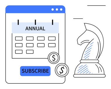 Takvim takviminde abonelik düğmesi ve satranç şövalyesi stratejisinin yanında dolar sikkeleri vardı. İş için ideal, planlama, abonelik modelleri, strateji geliştirme, bütçe oluşturma, finansal