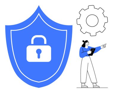 Kalkandaki kilit veri korumasını temsil ediyor. Dişliler sistem süreçlerini vurgular. Tabletli kadın insan unsuru ekliyor. Siber güvenlik, dijital mahremiyet, veri yönetimi, teknik destek, çevrimiçi için ideal