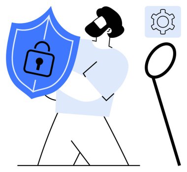 Kişide kilit sembollü koruyucu kalkan, analiz için büyüteç ve ayarlar için dişli simgesi bulunur. Siber güvenlik, veri gizliliği, bilişim güvenliği, çevrimiçi güvenlik, yazılım, analiz için ideal