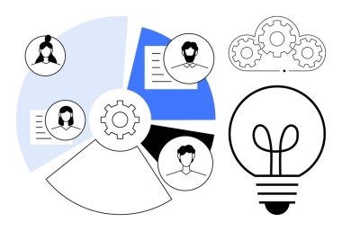 Takım profilleri, dokümanlar, dişliler ve yenilik, takım çalışması, beyin fırtınası, üretkenlik, iş akışı yönetim stratejisi ve fikir üretimini temsil eden bir ampul içeren pasta grafiği. Düz