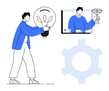Yaratıcılığı sembolize eden dev bir ampul taşıyan kişi, kupa tutan bir kazananı gösteren bir ekran ve süreçleri vurgulayan bir vites. Yenilik, takım çalışması ve liderlik için ideal.