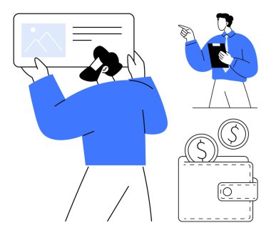 İnsanlar sunum yapıyor, işaret ediyor, bozuk paralarla cüzdan dolduruyor. Finans, işbirliği, planlama, danışmanlık, strateji liderlik eğitimi için idealdir. Basit bir metafor için temiz tasarım