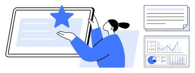 Kadın dijital tablet, grafikler ve çizelgelerde yıldıza uzanıyor. Yenilik, başarı, teknoloji, analitik, takım çalışması, dijital strateji basit iniş sayfası için ideal