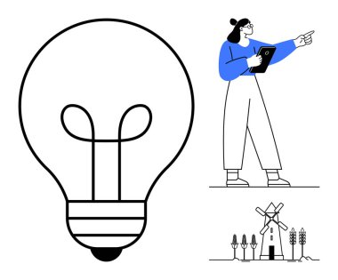 Ampul yeniliği sembolize eder, pano gösteren kadın, yel değirmeni ve ekin tarlaları. Sürdürülebilirlik, enerji, yaratıcılık, tarım, yenilik takım çalışması eğitimi ve basit