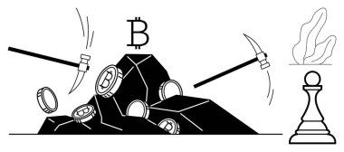 Kayaların yanında madencilik araçları ve kripto para birimleri, odak noktasında Bitcoin sembolü. Finans, engelleme zinciri, dijital ekonomi, yatırım rehberi, fintech, yenilik, basit iniş sayfası için ideal